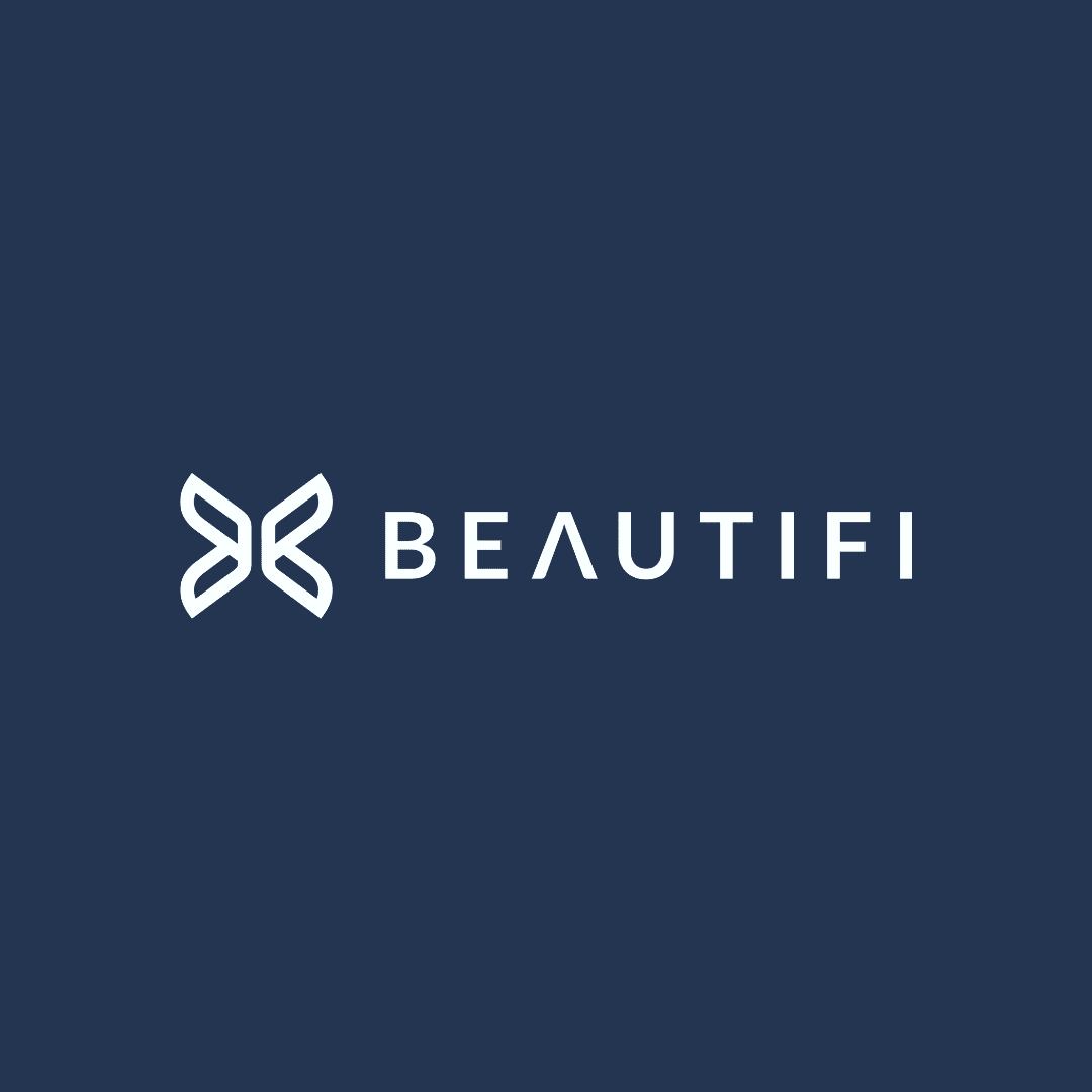 Logo on a dark blue background featuring a stylized butterfly design on the left, followed by the word BEAUTIFI in uppercase letters. The clean white design and text subtly symbolize elegance and transformation, hinting at new beginnings and opportunities for financing dreams.