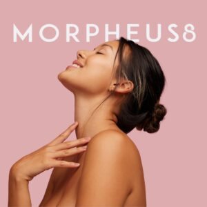 Morpheus8 logo with beautiful woman tilting her head back with her eyes closed and smiling