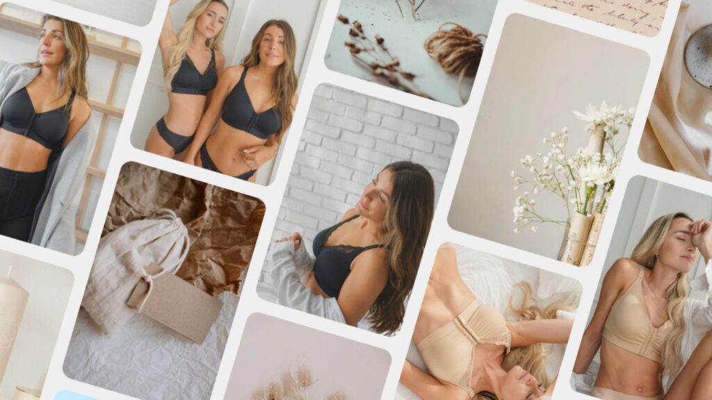 A collage showcasing women in lingerie, including an exquisite Surgical Couture Bra, displaying various poses. Surrounding images feature an open book, a coffee cup, flowers in a vase, a candle, and textured fabrics. The theme is intimate and calming.