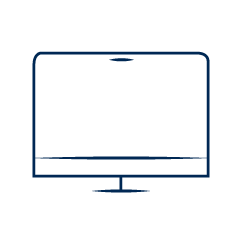 Outline of a computer monitor with a thin frame and a stand, depicted in dark blue. The screen is blank, and the design is minimalist and simple.