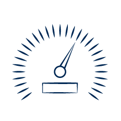 Illustration of a speedometer with a needle pointing slightly to the right. The speedometer is surrounded by evenly spaced lines indicating speed levels. The design is simple and monochromatic.